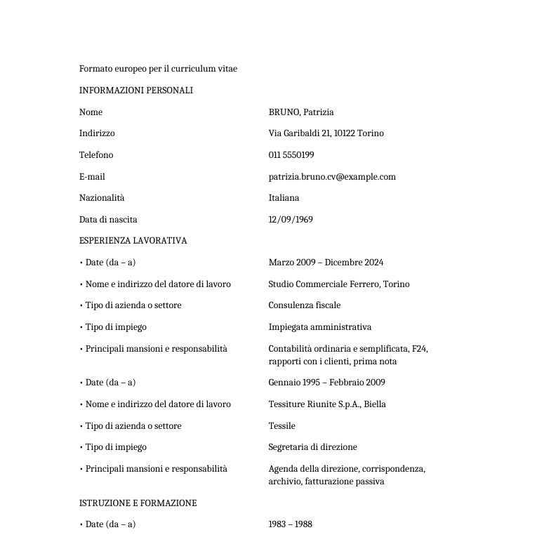 Prima: CV Europass in tabella, con etichette come «Date (da – a)» e «Tipo di impiego» a sinistra e i dati a destra.